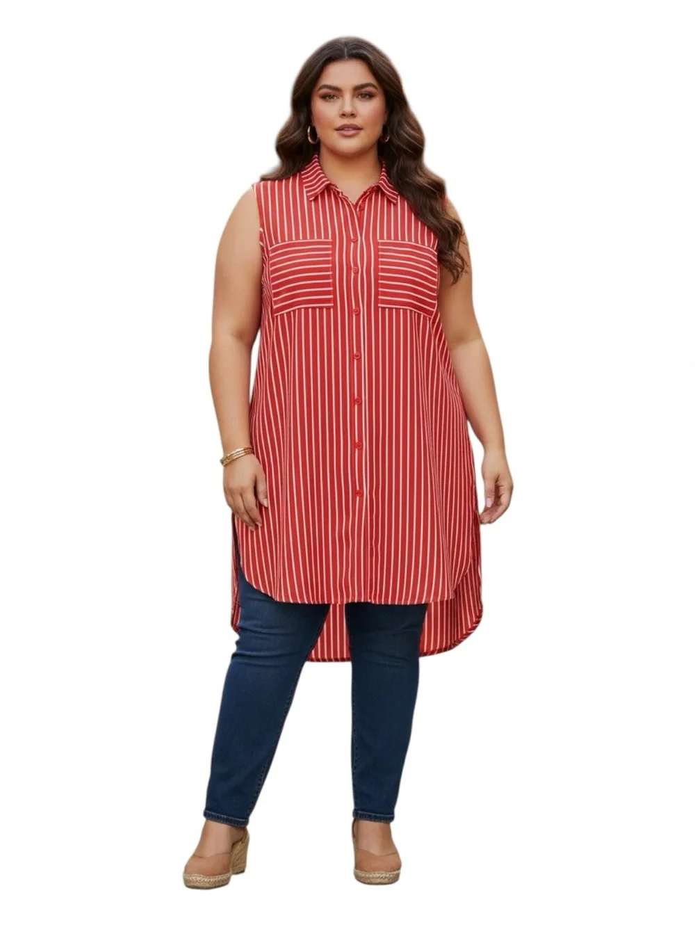 Sleeveless Plus Size 3X Red & White Striped Button-Front Tunic Shirt - Picture 1 of 6